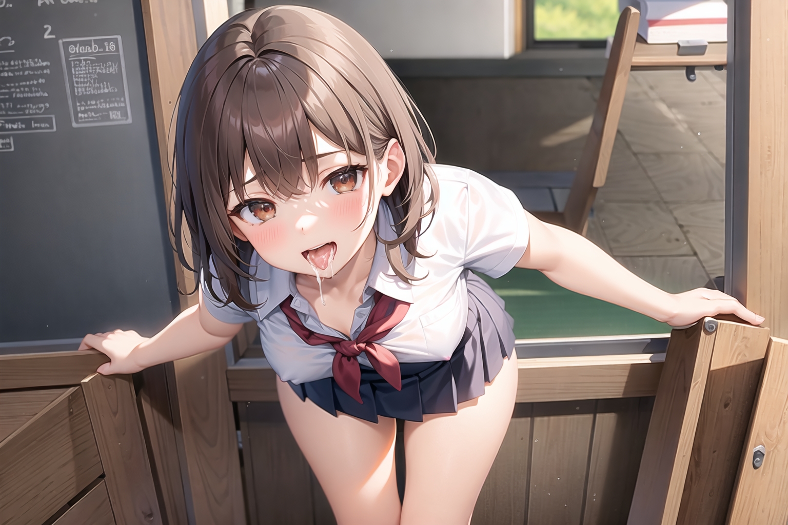 オリジナルイラスト 女子校生 茶髪ショートカット ザーメン口内射精＆お口くぱぁ