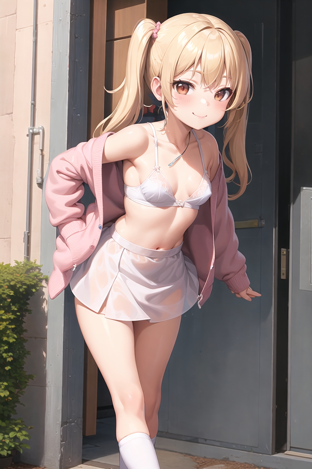 金髪貧乳ツインテール 白いブラジャー露出