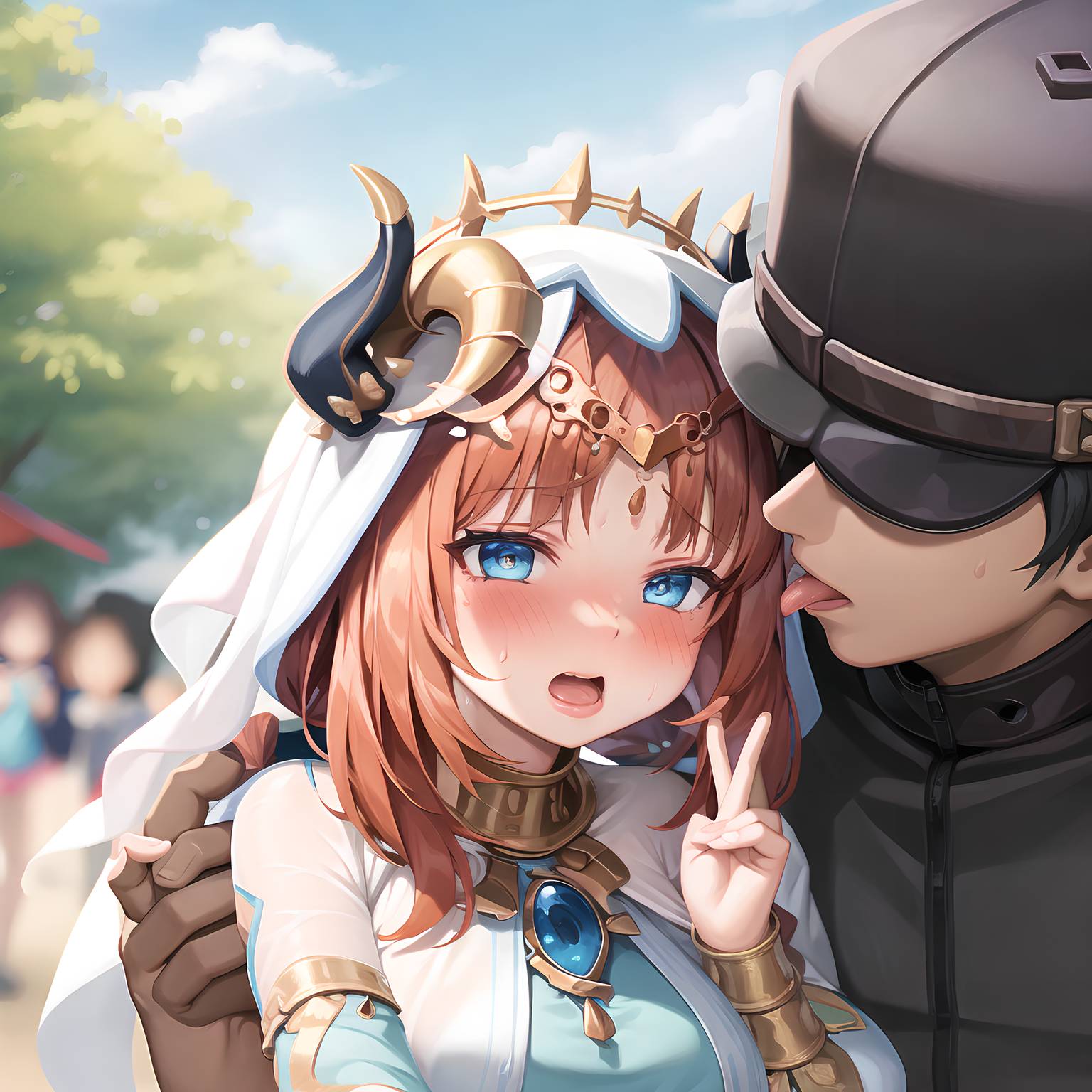 原神 ファンに抱きつかれ顔を舐められそうなニィロウ イラスト